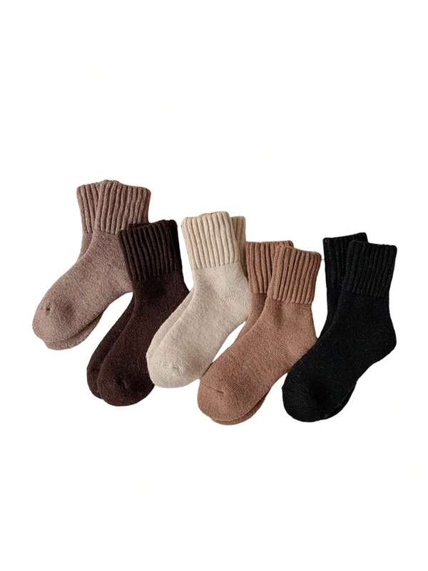 5 Paar neutrale Wintersocken, warm, dick gestrickt, weich, retro-lässige Crew-Socken, Plüschsocken, Wollsocken