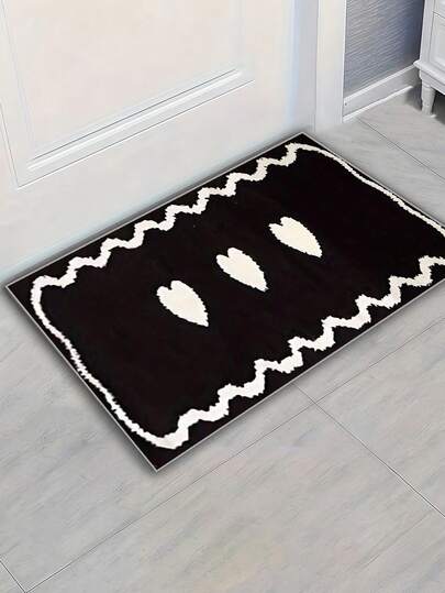 Alfombra de cocina antideslizante - Diseño de corazón negro, apta para dormitorio, sala de estar y entrada - Absorbente, lavable a máquina, alfombra de poliéster, para uso en interiores