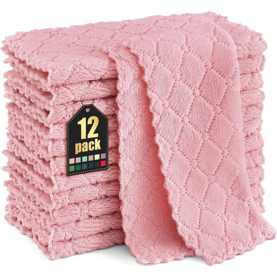 12 Pack Kitchen Dish Cloths (10 X 10 Inches, Cream Yellow), Super Soft And Absorbent Coral Velvet Dish Towels, Nonstick Oil Fast Drying Microfiber Cleaning Cloth, No Lint Household Dishcloths, 2025 - 粉色 - 查看 1