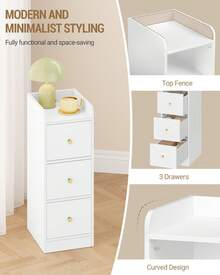 HEXCELEN Narrow Bedside Table, Side Table With 3 Drawers, Bedside Tables With Open Compartment, For Narrow Rooms, Bedroom, Living Room, 30 X 24 X 60 Cm, White With Wood Grain - trắng - Xem 6