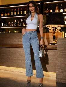 Quần jean ống loe dài co giãn đính đá Rhinestone thanh lịch, trang nhã dành cho nữ năm 2025 - Rửa nhẹ - Xem 5