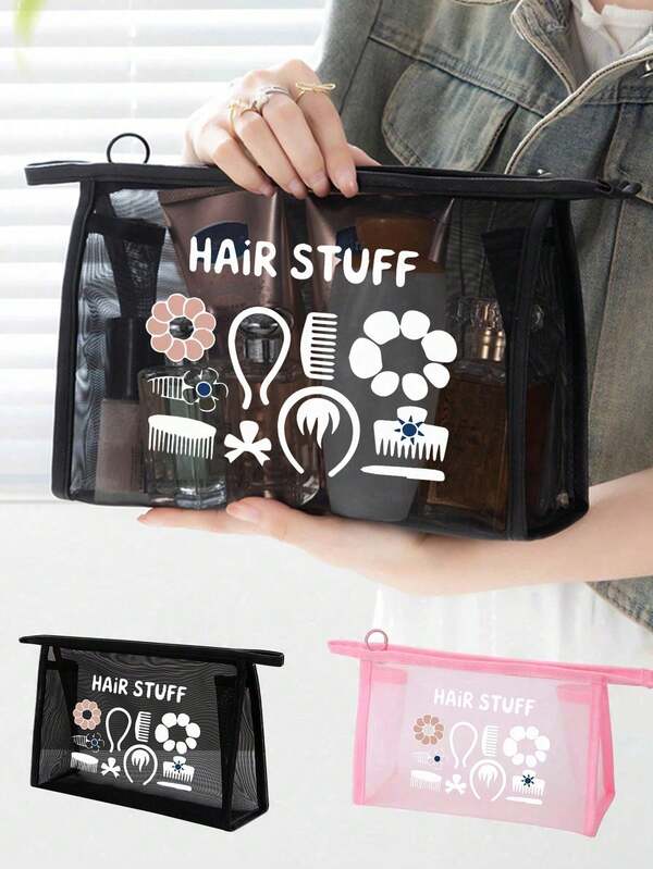 Mesh Cosmetic Bag With Hair Accessory Pattern, Multifunctional Cosmetic Pouch, For Clips, Headbands,Red Air Cushion Storage Portable Storage Bag, Makeup Bag, Skincare Bag, Travel Essentials, Dormitory Supplies, Bathroom Storage, Jewelry Storage, Lip Oil And Cosmetics Storage Bag School Supplies Pouch ,Make Up Bag Holiday Essentials, Makeup Storage,Wedding Bride Gifts, Mother Gifts, Birthday Gifts, Gifts For Friends And Teachers