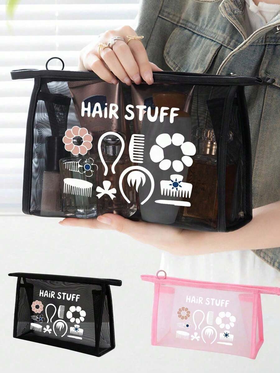 Mesh Cosmetic Bag With Hair Accessory Pattern, Multifunctional Cosmetic Pouch, For Clips, Headbands,Red Air Cushion Storage Portable Storage Bag, Makeup Bag, Skincare Bag, Travel Essentials, Dormitory Supplies, Bathroom Storage, Jewelry Storage, Lip Oil And Cosmetics Storage Bag School Supplies Pouch ,Make Up Bag Holiday Essentials, Makeup Storage,Wedding Bride Gifts, Mother Gifts, Birthday Gifts, Gifts For Friends And Teachers