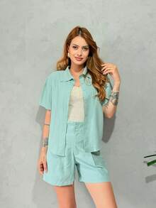 Conjunto feminino de camisa  + shorts  em tecido Marrante