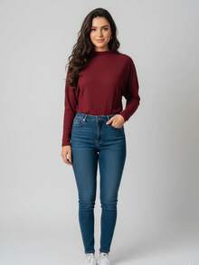 Women's Long Sleeve Batwing Blouse High Neck Loose Social Top - 酒紅色 - 查看 3