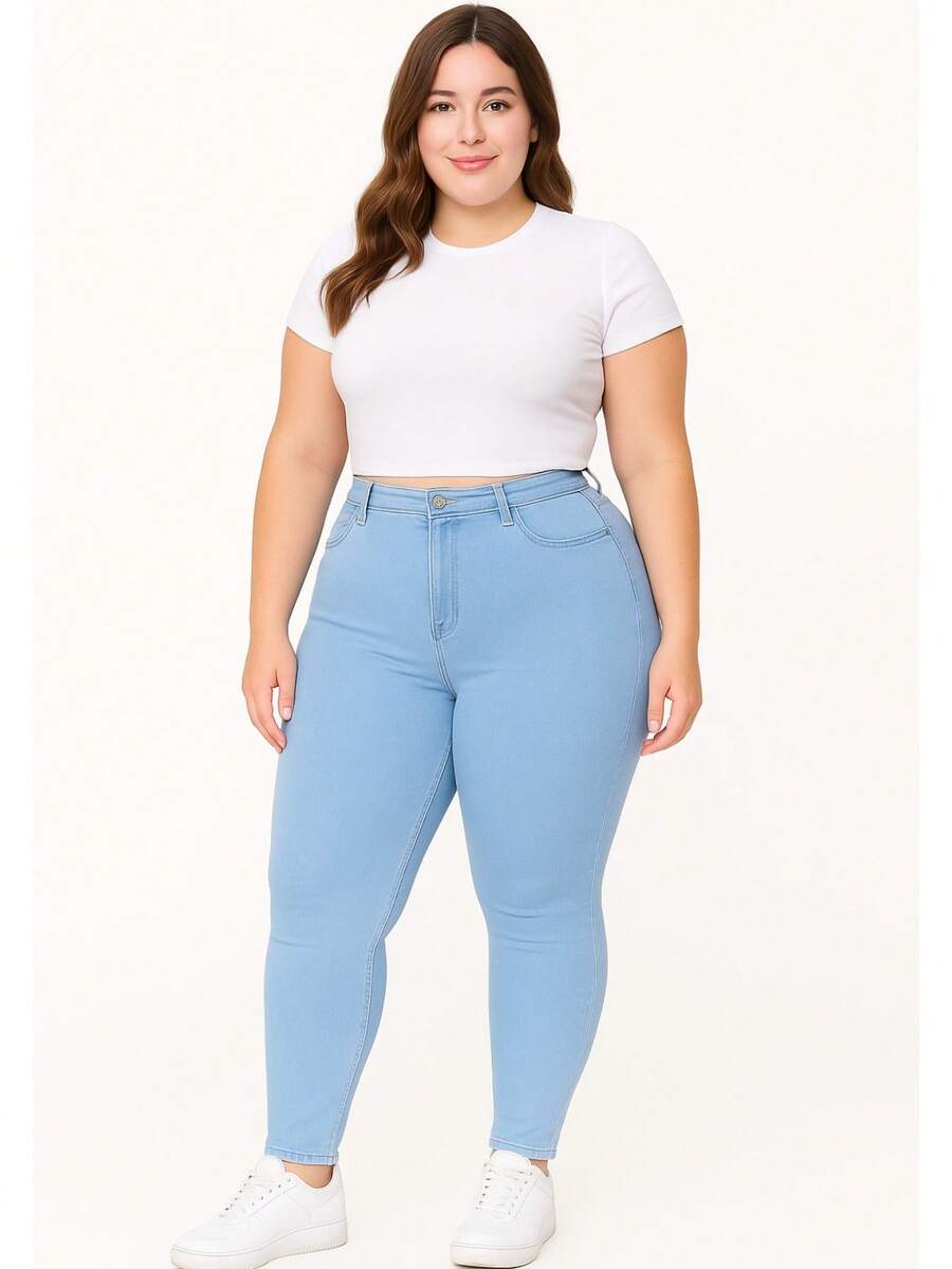 Pantalones Jeans Vaqueros de Mujer Largos Ajustados Strech de Talla Grande con Bolsillos Boton y Cremallera Informal Casual para Uso Diario Sexy Curvy Moda - #25 Azul Claro - Ver 1