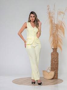 Elegant Plain Vest And Trousers Set C3302 - Light Yellow - View 3