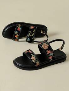 Women's Thick Sole Strap Sandals, Bohemian Style Ditsy Floral, Open Toe, Non-Slip, Comfortable, Summer New Wedge Heel, Fashion Outdoor Beach, Random Embroidered Colorful Flowers, Suitable For Spring/Autumn, Size 41-43 - Black - View 3