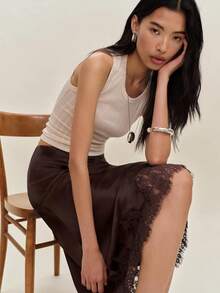 Women Silk Satin Half Slip Long Skirts Lace Patchwork Elastic Waist Long Skirt Elegant Silky Flowy A Line Midi Skirts - 深棕 - 查看 4