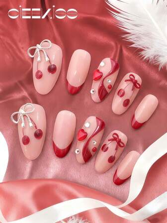 Original Design, Handmade, 10 Pieces Of Almond Nail Tips, Hand-Painted Red Cat-Eye Ribbons And Cherries, Metal Bow, French Tip Nails, Elegant And Sparkling Design, Cross Straps, Sweet Ballet Girl Theme - Perfect For Picnics And Dates. Short Almond-Shaped Fake Nail Set, The Perfect Gift For Women's Daily Spring And Summer Outfits, As Well As Festive Parties.