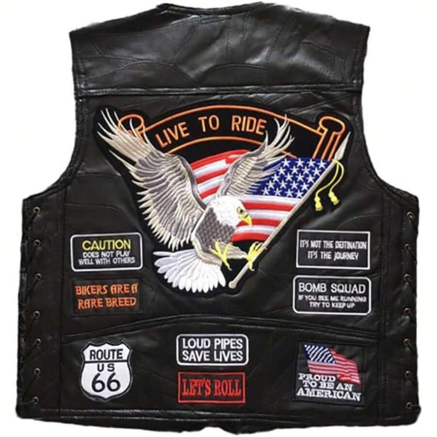 Icebanner USA Eagle National Flag PU Leather Motocycle Biker Vest For Adult Men, Black, Medium, Lace To Side, Live To Ride, BORN WILD STILL WILD, FREEDOM ISN'T FREE - 黑色 - 查看 1