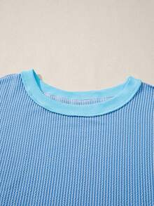 Acelitt 纹理条纹卷边长袖休闲宽松圆领T恤，秋冬季 - 藍色 - 查看 6