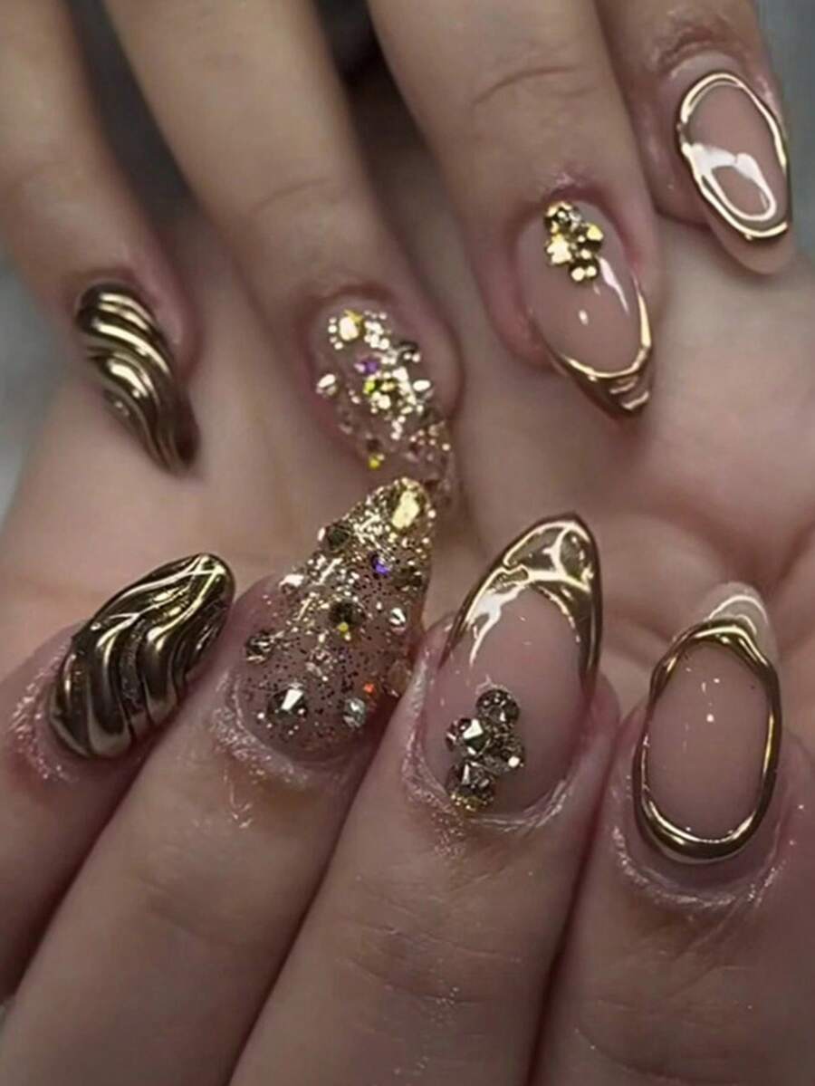 24片长款美甲贴片，饰有手工法式水钻、极光蝴蝶、清新腮红、扎染珍珠蝴蝶结杏仁形美甲贴片 + 1瓶果冻胶 + 1块指甲抛光块