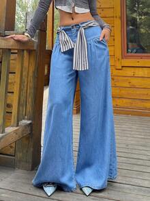 Women's Casual Wide-Leg Denim Long Pants, Elegant And Stylish Long Style, With Pockets - 中等水洗藍 - 查看 6