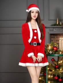 一件圣诞性感圣诞老人服装连衣裙，含披肩，角色扮演套装，适合节日派对、拍照等场合，包含连衣裙和披肩。 - 彩色 - 查看 2