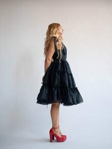 Womens Party Tutu Dress Stylish Solid Ruffled Trim Tie Back Sleeveless Tie-Shoulder Midi A-Line Dress - Black - View 10