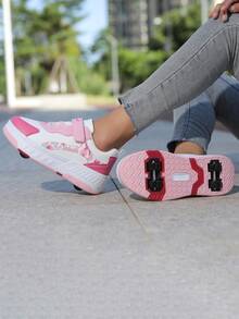 1 Pair Women's Random Print Patchwork Contrast Color Hook And Loop Design 4-Wheel Detachable 2-In-1 Roller Skate Shoes, Suitable For All Seasons Daily Wear, Rose Red PU Thick Sole With Wheels, Roller Skates