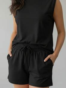 Simple Women's Set With Lightweight Faux Drawstring For Summer Vacation. - Black - View 3