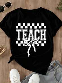 Teach Checkerboard Bow T Shirt For Women Teacher Gift Black Cotton Crewneck Top Casual Wear Educational Apparel School Spirit Fashion Statement - 黑色 - 查看 2