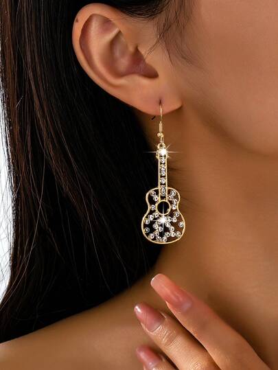 1 Pair Minimalist Versatile Music-Themed Luxury Rhinestone Hollow Guitar Earrings, Suitable As Accessory For Women At Music Festivals, Parties, And Vacations