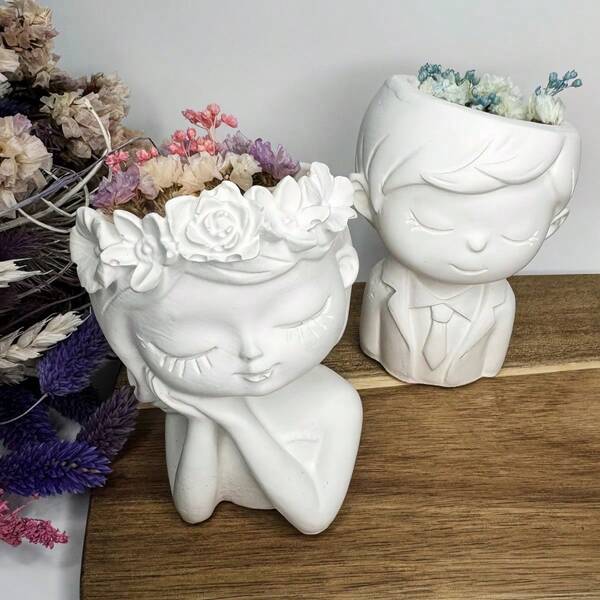 Set de 2 matrițe de lut pentru portrete, fetiță cu flori zâmbitoare, băiat gânditor, suport pentru lumânări, matriță de rășină, ciment, matriță de silicon pentru decorul casei