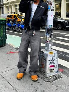 男士宽松水洗牛仔裤，阔腿休闲日常棉质裤，时尚牛仔裤 - 灰色 - 查看 2