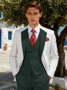 Men's Suits Slim Fit 6 Piece Suits For Men Double Breasted Suit With Tie Brooch Pocket Square Wedding Suits Jacket Vest Pants Tuxedo Suit Set(Suits+Pants+Vest+Tie+Brooch+Pocket Square)For Business Dinner Wedding Party, Suitable For Formal Occasions, Perfect Gift For Business Professionals Spring/Summer/Fall, Formal Attire|Sleek Formal Attire|Nonstretch Fabric - 墨綠色 - 查看 3