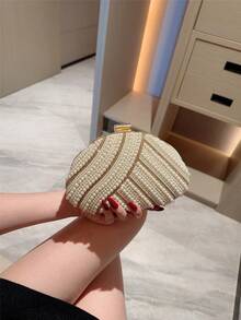 月光之夜手拿包 - 优雅仿珍珠盒式手拿包，浪漫婚礼派对手提包，饰以奢华水晶，适合正式新娘活动、婚礼手拿包 - 米色 - 查看 3