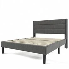 Upholstered Bed 140 X 200 Cm, Bed Frame With Slatted Frame & Headboard, Upholstered Double Bed, Textile Cover Linen In Dark Grey, Timeless Modern Design, Youth Bed - Black - View 5