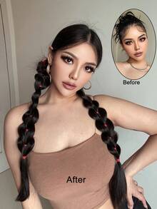 2包带弹力带的泡泡马尾辫，女士合成假发，直发，百搭款式，日常佩戴发饰，欧美风女士长发编织马尾辫，时尚纤维长发扎带假发，高编发，适合日常派对、万圣节、角色扮演，自然发型发饰 - 彩色 - 查看 8