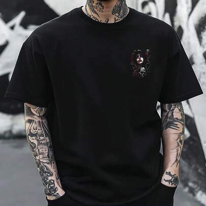 メンズ夏用カジュアル半袖Tシャツ、ビンテージダークスカルスタイル、ラウンドネック、ポリエステル素材、スポーツやフィットネスに適しています