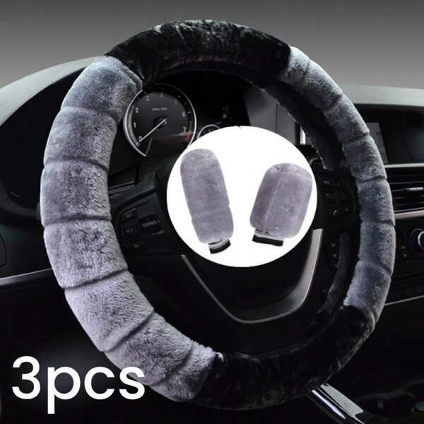 3pcs/Set Warm & Fluffy Car Steering Wheel Cover - Soft Plush Material, Universal Fit For All Vehicles, Provides Cozy Warmth & Stylish Protection, Durable Anti-Slip Grip, Easy Installation Car Accessories For Women & Girls, Car Interior Decor