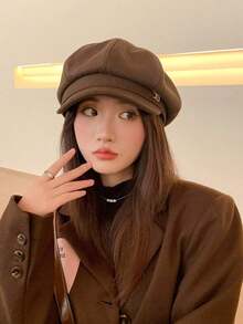 Solid Color Beret Cap Beret Hat Women Spring/Summer Korean Style Face-Shaping Octagonal Painter Hat - 咖啡棕 - 查看 6