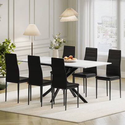 Extendable Dining Table And Chairs Set Of 6,White Marble Effect Table With 6 Black High Back Dining Chairs,Modern Dining Table Set For Home/Kitchen