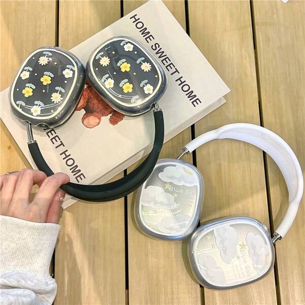 1 pieza Funda protectora transparente de TPU con diseño de nube y flor compatible con Apple Max, funda protectora con diseño de nube para auriculares Max, carcasa transparente para auriculares