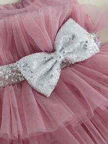 Kids Girls Ball Gown Sleeveless Bow Mesh Tulle Tutu Princess Dresses Formal Party Dress for Birthday Wedding - Rosa - Ver 5