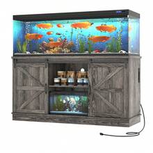 Farmhouse 75-120 Gallon Fish Tank Stand With Power Outlet, Aquarium Stand W/Cabinet&Sliding Barn Door, Heavy Duty Reptile Tank Stand For Fish/Turtle/Reptile Terrarium, 1000LB Capacity - 查看 1