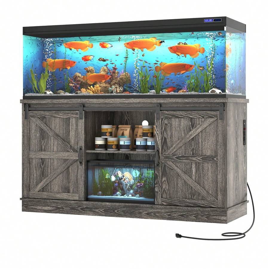 Farmhouse 75-120 Gallon Fish Tank Stand With Power Outlet, Aquarium Stand W/Cabinet&Sliding Barn Door, Heavy Duty Reptile Tank Stand For Fish/Turtle/Reptile Terrarium, 1000LB Capacity - 查看 1