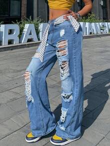 Women's Destroyed Straight Leg Jeans - Heavy Distressed Denim With Oversized Rips, Relaxed Fit For Urban Street Style - Rửa nhẹ - Xem 2