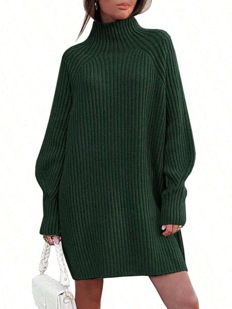 2026 Women's Casual Knit Dress Sweater Dresses For Women Fall Fashion Mock Neck Long Lantern Sleeve Oversized Outfits Knit Tops Clothes , Bodycon Long Sleeve For Sports Outdoor Wear, Loose Fit Long Sleeve Comfy Daily Outfits For Women - 墨綠色 - 查看 1