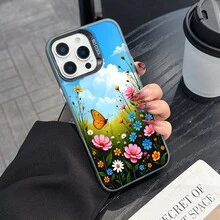 Colorful Silver Apple Phone CaseButterfly In A Meadow Of Colorful Flowers Under A Cloudy SkyCompatible With  11 To  17 Models The Cases Lens Protection Function Ensures The Camera Remains Undamaged During Shooting  Guaranteeing Image Quality - Black - View 2