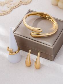 4 件/套几何水滴光滑镀金手镯、戒指、耳环首饰套装，适合女士，简约优雅多功能日常配饰，春季设计开口手镯