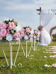 2 Packs Artificial Flower Ball Arrangement Bouquet, 15 Heads Plastic Roses With Base, Suitable For Wedding Centerpiece Flower Rack For Parties Valentine's Day Home Decor - 粉紅白色 - 查看 7