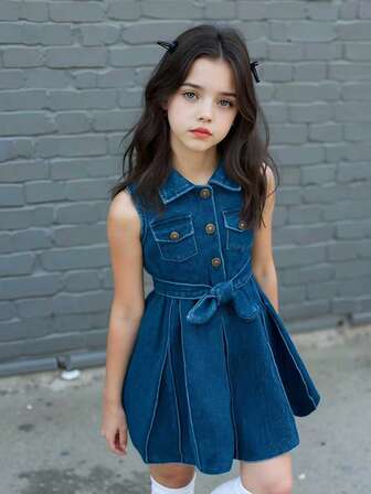 Vestido de mezclilla azul lavado para niñas con cuello, botones de bronce y cinturón de moda, adecuado para uso diario casual