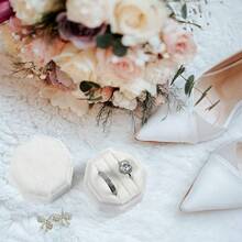 Velvet Ring Box, 3 Slots Octagon Jewelry Ring Box Vintage Ring Display Holder Case Wedding Ceremony Proposal Engagement Pearly White - Trắng ngọc trai - Xem 6