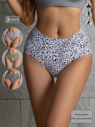 Aofeiqike 三件套欧美性感舒适无痕透气三角内裤，冰丝般柔软，女士内衣，雪豹纹、斑马纹、圆点豹纹，成熟风格，魅力十足，性感俏皮可爱，运动休闲皆宜。