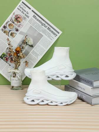 Classic Fashion Soft Pure White Mesh Breathable Men's High-Top Sock Shoes, With A Unique And Leather Panel Design On The Side. The Cable-Knit Thick Sole Provides Shock Absorption And Height Increase, Offering Comfort. Soft, Lightweight, And Easy To Put On And Take Off, Suitable For Outdoor Exercise, Running, Daily Work, And Commuting. These Slip-On Shoes Are Perfect For Christmas And Halloween Gifts And Everyday Wear.