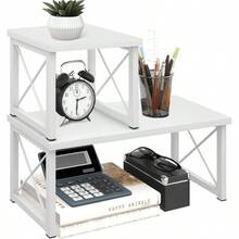 Wood Desktop Shelf, Freestanding Small Bookshelf Dorm Supplies Organizers, 2 Tier Stackable Desk Stand, Adjustable Storage Organizer, Kitchen Counter Display Rack, White - White - View 2