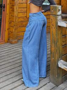 Women's Casual Wide-Leg Denim Long Pants, Elegant And Stylish Long Style, With Pockets - 中等水洗藍 - 查看 3