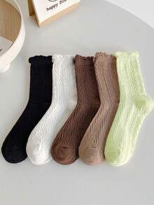 5pairs Women's Fashionable & Versatile Mid-Calf Socks With Lace Trim, Simple Design For Everyday Use, Fall - Multicolor - View 6